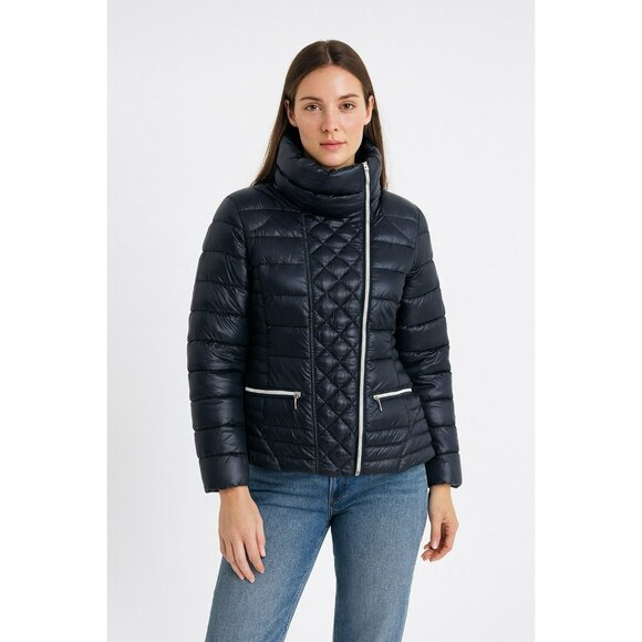 Laundry By Shelli Segal Womens Navy Quilted Down Jacket Size S With Asymmetrical - Picture 1 of 10